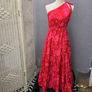 Pretty Garden One-Shoulder Pink And Red Floral Maxi Dress Small